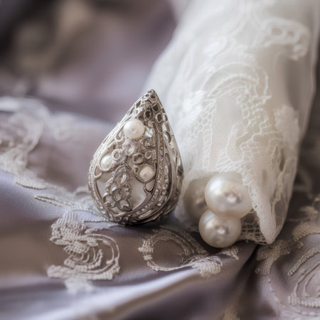 Elegant wedding rings with pearls and lace on fabric backgroundの素材