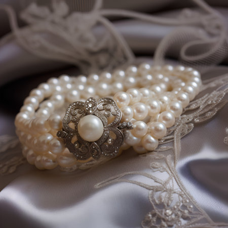 Beautiful pearl necklace on a satin background. Selective focus.の素材