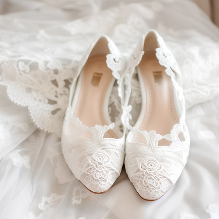 Wedding details. Bridal shoes and lace on the bedの素材