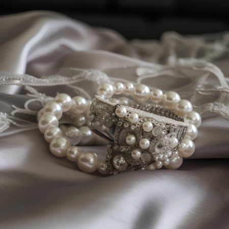 Wedding rings with pearls on a white satin backgroundの素材
