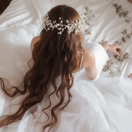 back view of beautiful bride in white wedding dress with flower crown sitting on bedの素材