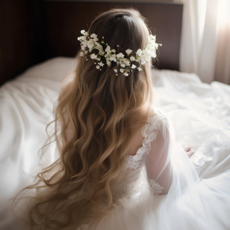Beautiful bride in white wedding dress with flowers in her hair sitting on the bedの素材