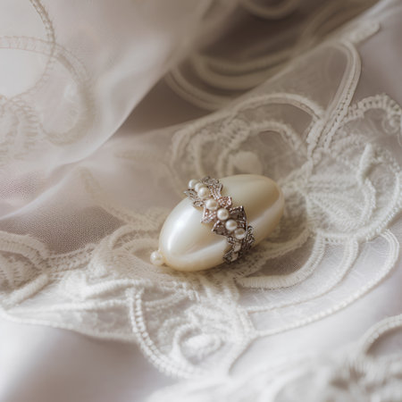 Wedding rings on a white lace background, selective focus.の素材