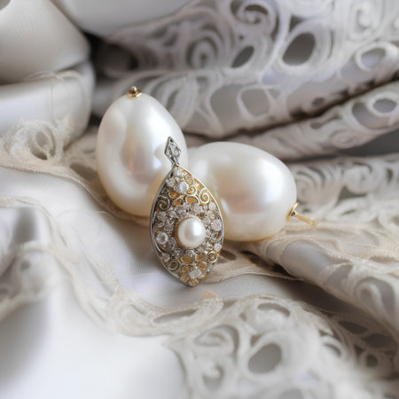 Elegant earrings with white pearls on white lace backgroundの素材