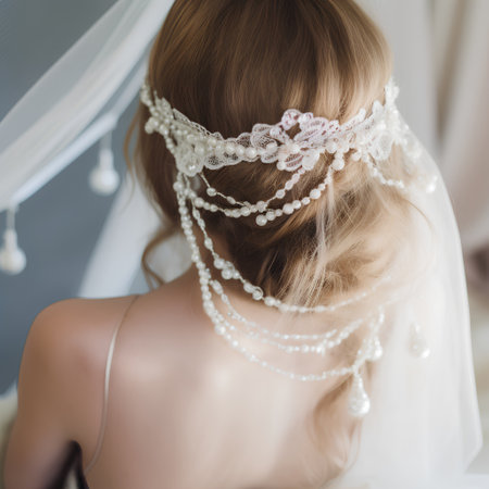 Beautiful bride in white wedding dress with lace veil and beads.の素材