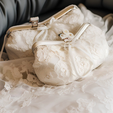 Wedding details. Bridesmaids handbag with lace.の素材