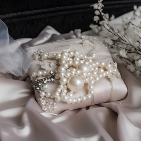 Wedding rings on a pillow with pearls and gypsophilaの素材