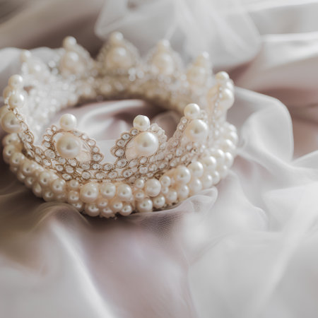 Beautiful wedding crown with pearls on white satin background.の素材