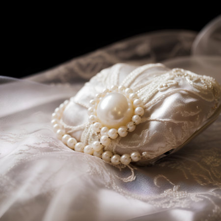 Wedding rings with pearls and lace on a black backgroundの素材