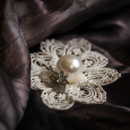 Pearl and lace on a brown background. Shallow depth of fieldの素材