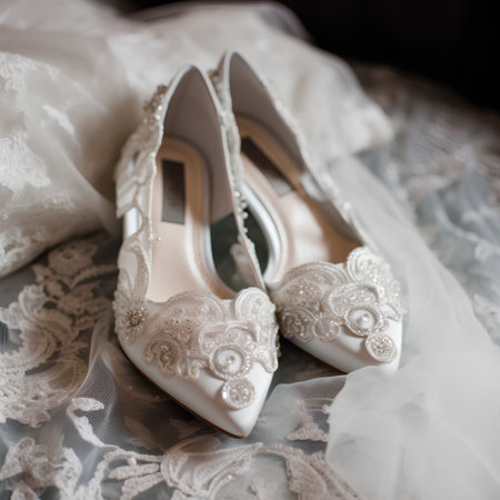 White wedding shoes with lace on the background of the bride's dressの素材