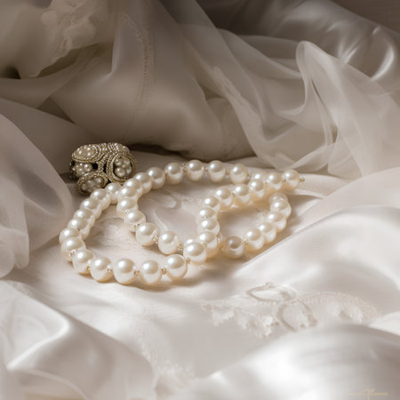 Wedding rings and pearls on a white satin backgroundの素材