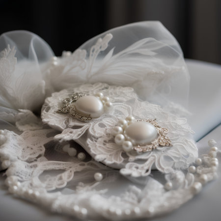 Wedding rings and pearls on a lace napkin.の素材