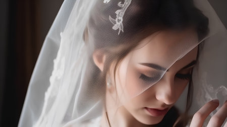 Portrait of beautiful young bride in veil on her wedding day.の素材