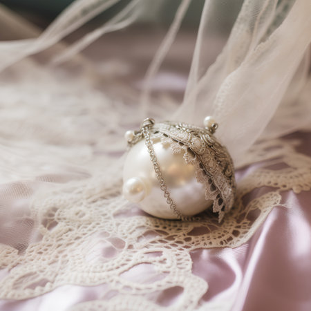 Vintage wedding decoration with lace and pearls. Selective focus.の素材