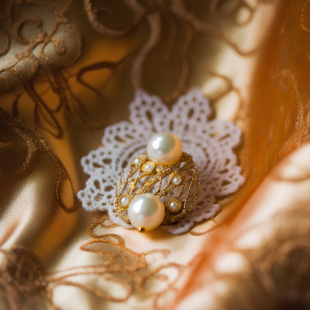 Jewelry on the background of golden fabric. Wedding accessories.の素材