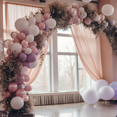 wedding arch decorated with colorful balloons and flowers in the roomの素材