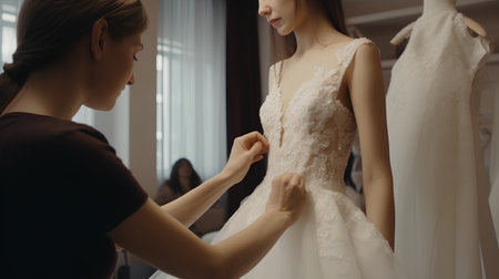 Wedding dress in a bridal salon. The bride tries on a wedding dress.の素材