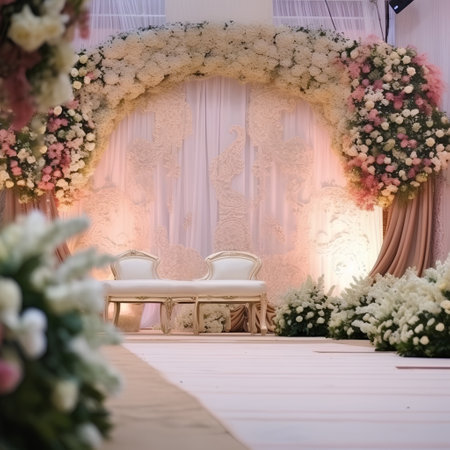 Wedding arch decorated with flowers and chairs in a wedding ceremonyの素材
