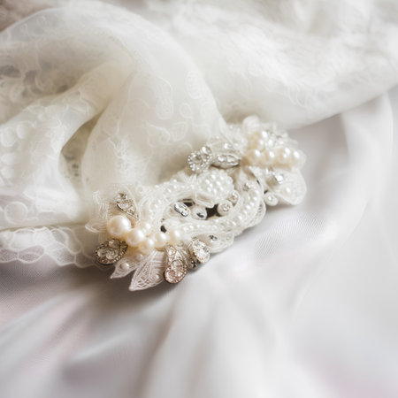 Wedding accessories on a white satin background. Selective focus.の素材