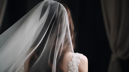 beautiful bride in white wedding dress and veil in the dark roomの素材