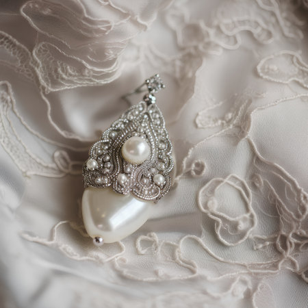Pearl earrings with pearls on a white lace background.の素材