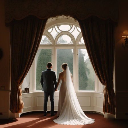 Wedding couple in the room with big window and curtains.の素材