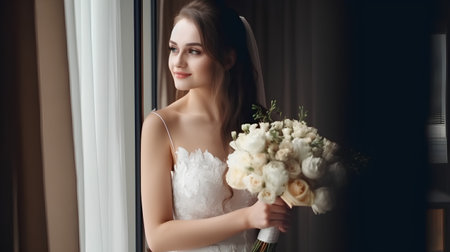 Portrait of beautiful bride in white dress with bouquet of flowersの素材