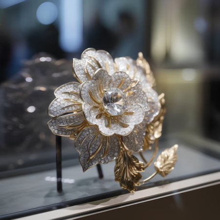 Luxury jewelry on display in a shop window in Paris, France.の素材