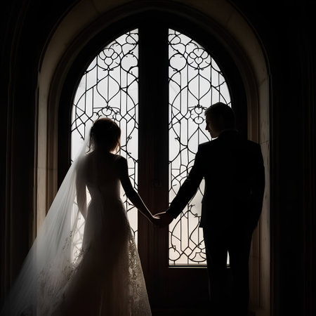 Silhouette of the bride and groom on the background of the windowの素材