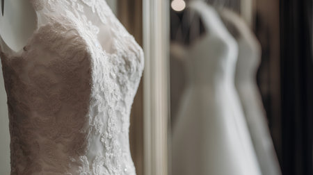 Wedding dress hanging on a hanger in a wedding salonの素材