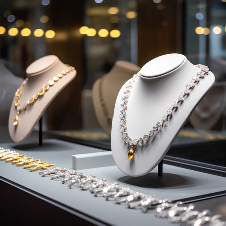 Women's jewelry on display in a shop window. 3D rendering.の素材