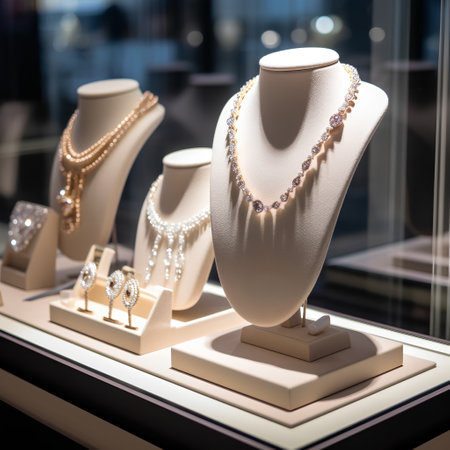 Jewelry on display in a shop window. 3d renderingの素材