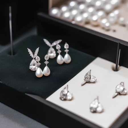 jewelry diamond earrings in jewelery box on black backgroundの素材