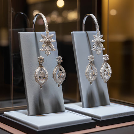 Luxury silver earrings with diamonds in a shop window.の素材
