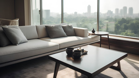 Sofa and coffee table in a modern living room with city viewの素材