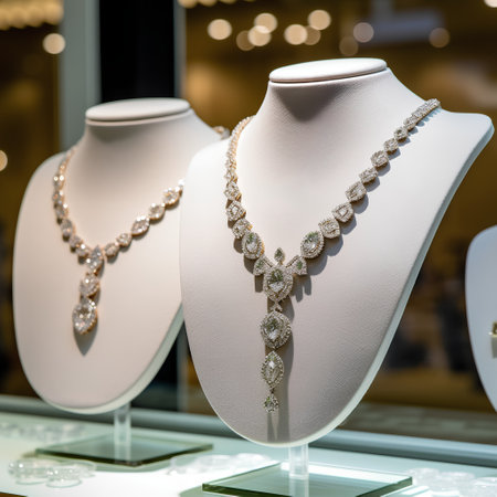 jewelry store window display with necklace and earrings on mannequinの素材