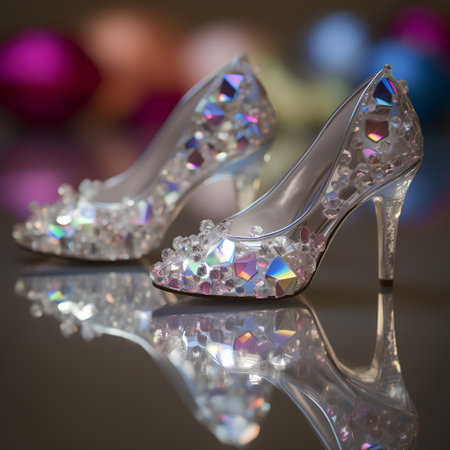 Wedding shoes with diamonds on a black background with reflection.の素材