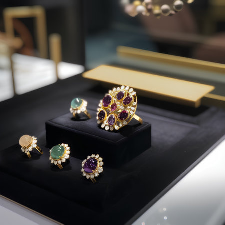 jewelry diamond ring with precious stones on display in a shop windowの素材
