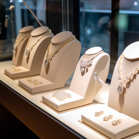 jewelry store window display with luxury jewellery and earringsの素材