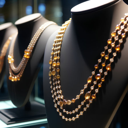 jewelry necklace on display in a shop window in Paris, Franceの素材