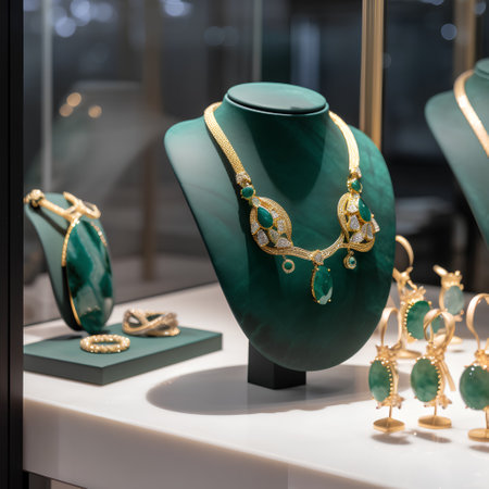 jewelry shop window display with luxury necklace and earrings.の素材