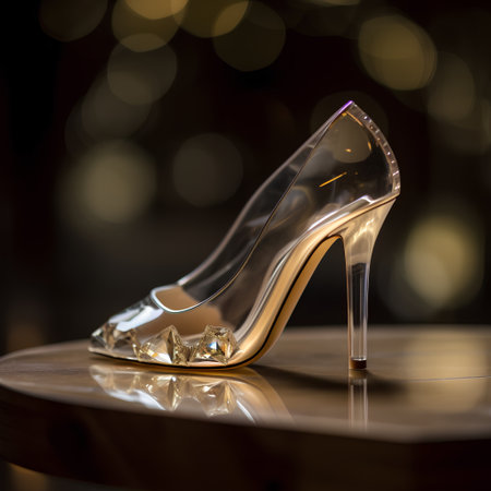 High heel shoes on wooden table with bokeh background, close upの素材