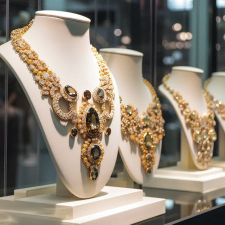 jewelry on display in a shop window of a luxury storeの素材