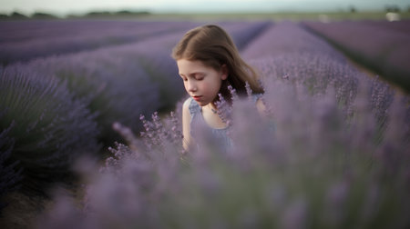 Adorable little girl in lavender field on summer evening. Cute child enjoying smell of lavender flowers.の素材