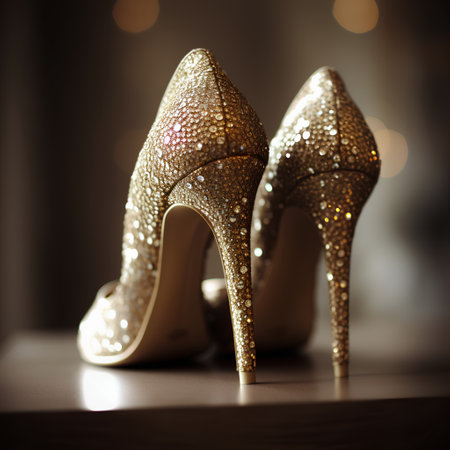 Golden high-heeled shoes with sparkles on a dark backgroundの素材
