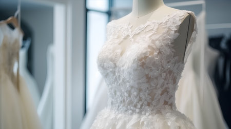 Wedding dress on a mannequin in a fashion storeの素材