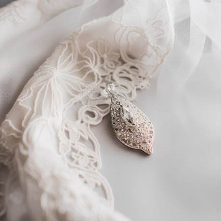 Wedding rings on a white lace background. Wedding details.の素材