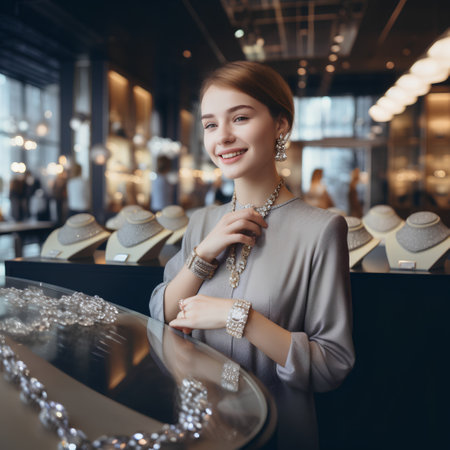 Beautiful young woman in a jewelry store. Luxury shopping.の素材