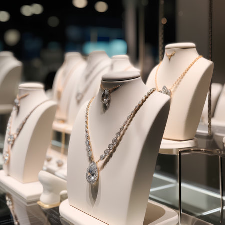 jewelry store window display with diamond necklace and earrings.の素材